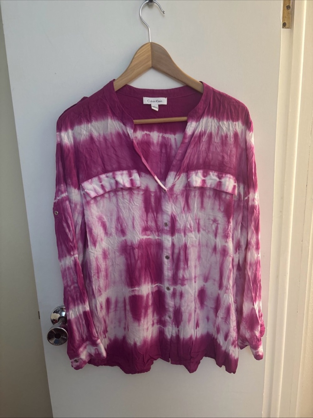Calvin Klein Pink/Purple & White Tie Dye Roll Sleeves Top Size L Boho Beach Art